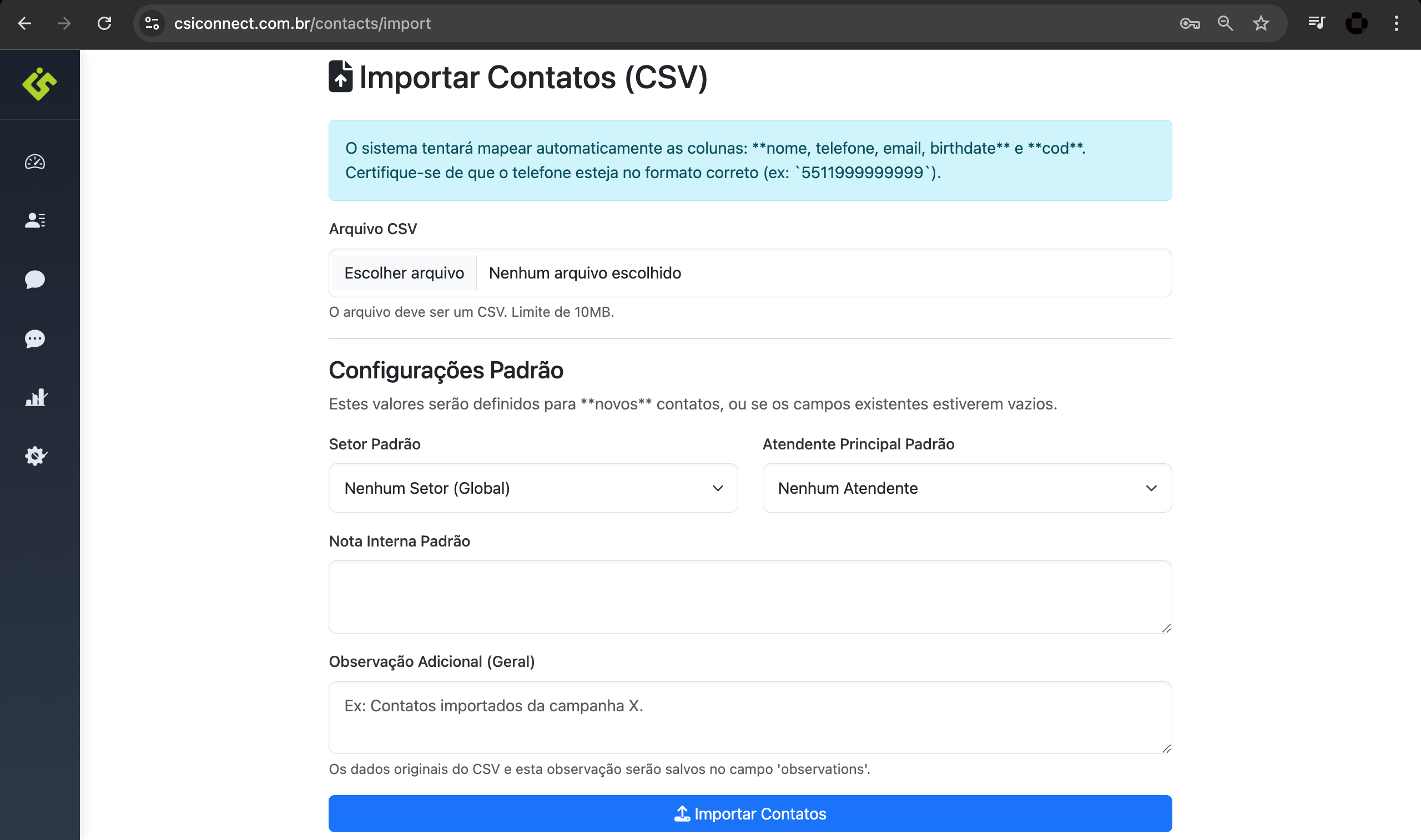 Tela de Importação de Contatos CSV