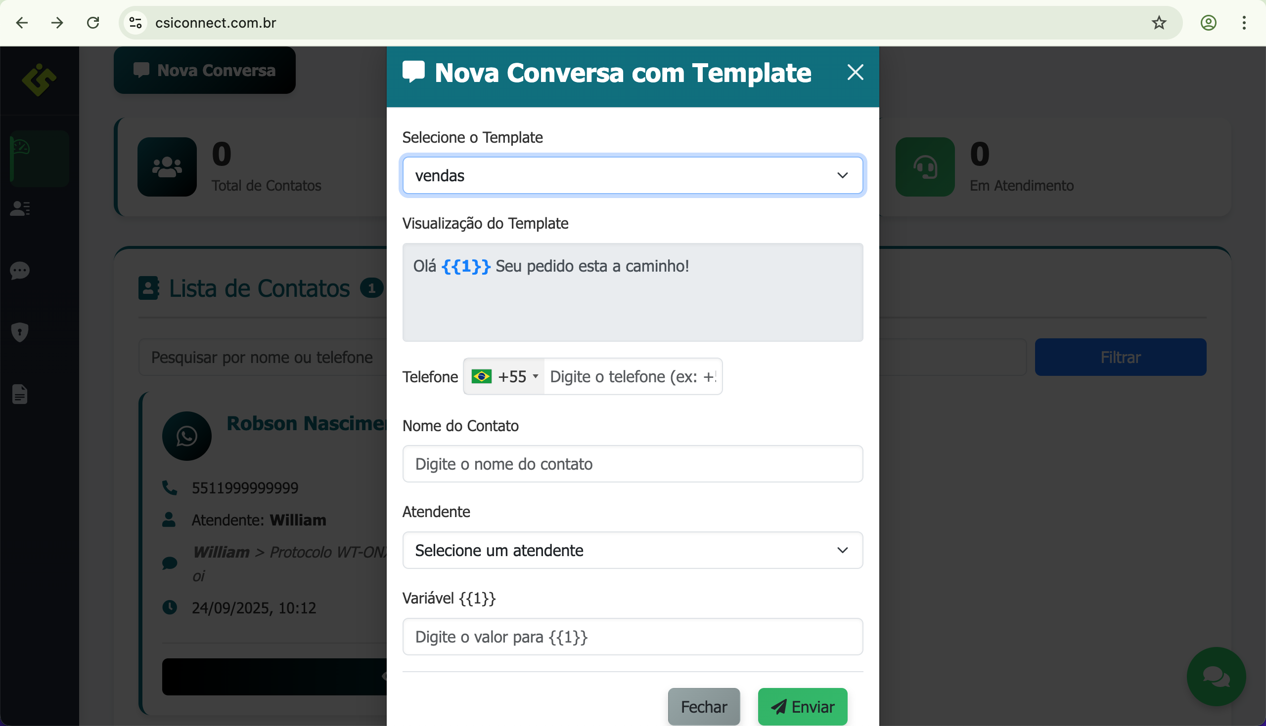 Tela de envio de template com variáveis