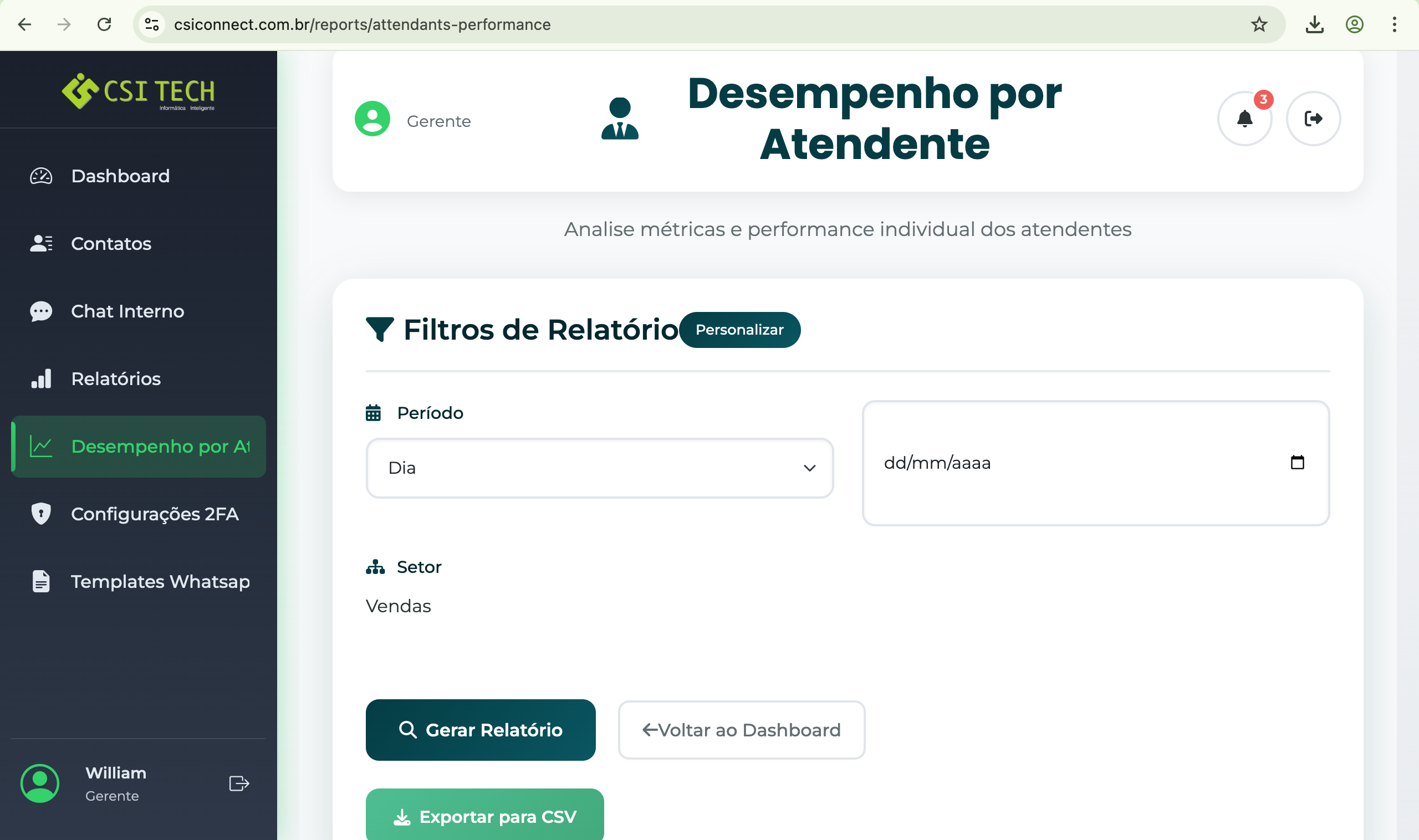 Tela de Desempenho por Atendente