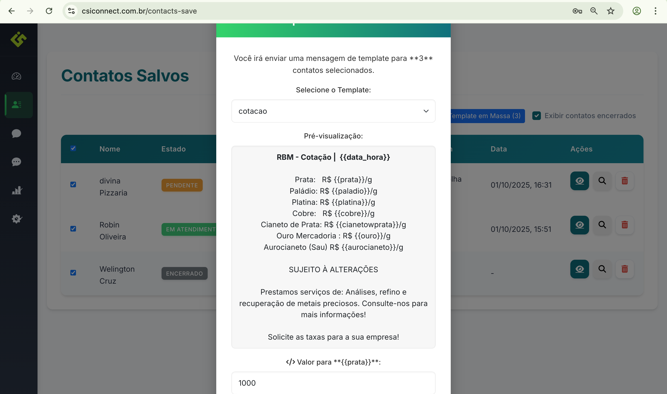 Modal de Seleção de Template para Envio em Massa